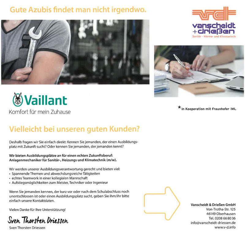 Werbeplakat der Firma Vanscheidt & Drießen zur Azubi-Suche im SHK-Bereich mit Text, Bildern, Logos und Kontaktdaten