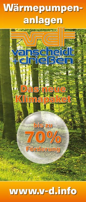 Werbebanner von Vanscheidt & Drießen zu Wärmepumpenanlagen mit Klimapaket und bis zu 70 % Förderung auf Waldhintergrund.